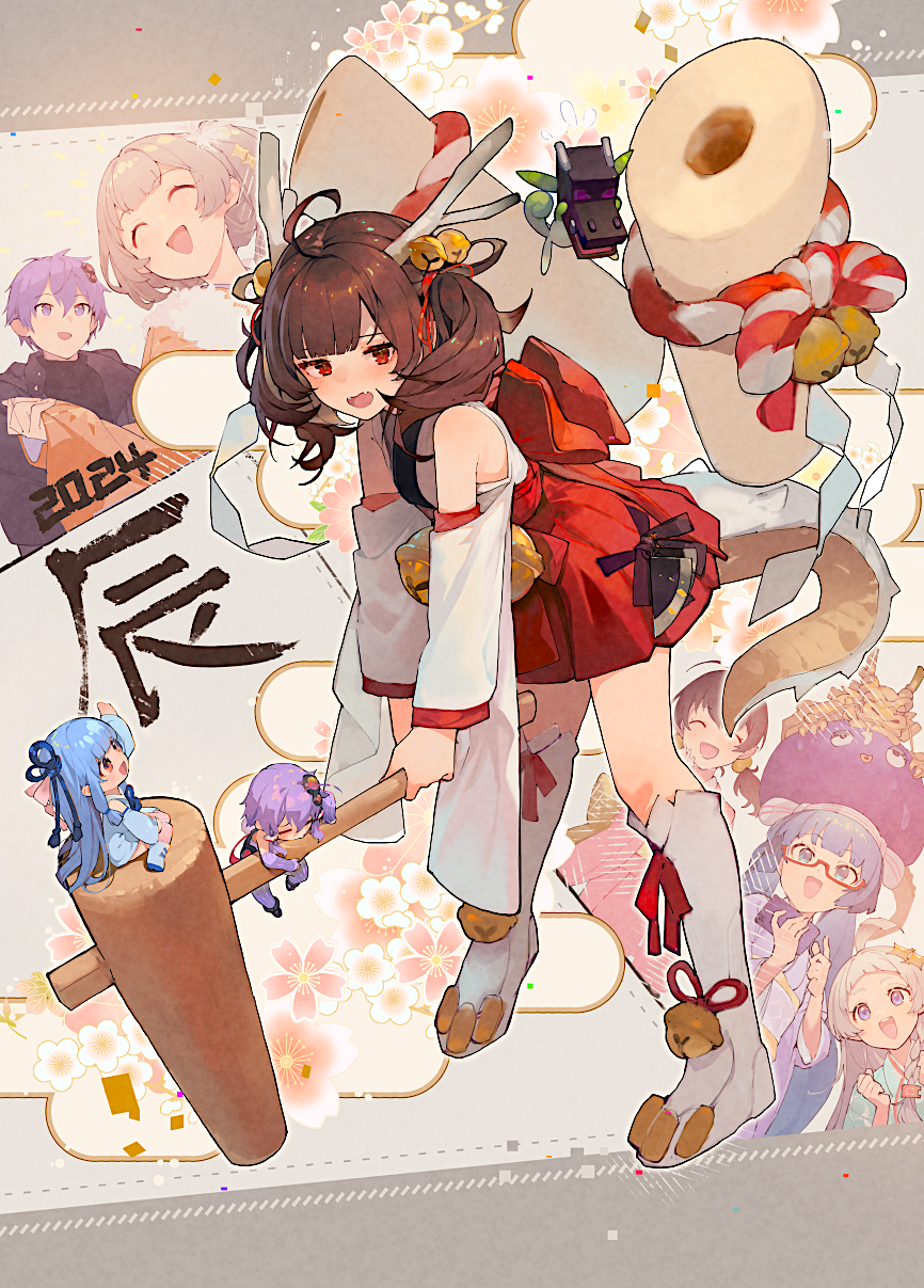 1boy 2024 6+girls a.i._voice ahoge alternate_costume arm_up bell black_hair black_shirt blue_hair blunt_bangs blush boots brown_hair cherry_blossoms chibi chinese_zodiac climbing clothing_cutout collage_background commentary_request creature dragon_girl dragon_horns dragon_mask dragon_tail dual_persona eel_hat egasumi ender_dragon glasses grey_background grey_hair hair_bell hair_bobbles hair_bun hair_ornament highres holding holding_mallet horns japanese_clothes jingle_bell kaai_yuki kimono kine kiritanpo_(food) kizuna_akari kizuna_akari_(tsubomi) knee_boots kotonoha_aoi kouhaku_nawa long_hair looking_at_another looking_at_viewer low_twintails mallet minecraft mini_person minigirl miniskirt multiple_girls nervous_smile new_year open_mouth otomachi_una outline purple_eyes purple_hair red_eyes red_skirt rope shide shimenawa shirinda_fureiru shirt short_hair short_hair_with_long_locks shoulder_cutout single_hair_bun sitting sitting_on_object skirt smile sparkle_hair_ornament standing tail touhoku_kiritan twintails two-handed unworn_headgear vocaloid voiceroid wariza white_footwear white_outline white_shirt wide_sleeves year_of_the_dragon yuzuki_yukari yuzuki_yukari&#039;s_younger_twin_brother zundamon zundamon_(utau)