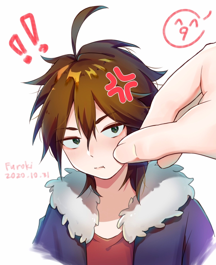 ! !! 1boy :t ^_^ ^q^ ahoge artist_name blue_jacket brown_hair closed_eyes closed_mouth commentary dated fur-trimmed_jacket fur_trim furoki_(sox-god) green_eyes hair_between_eyes isoi_reiji jacket male_focus medium_hair open_clothes open_jacket red_shirt saibou_shinkyoku sanpaku shirt simple_background solo solo_focus symbol-only_commentary white_background