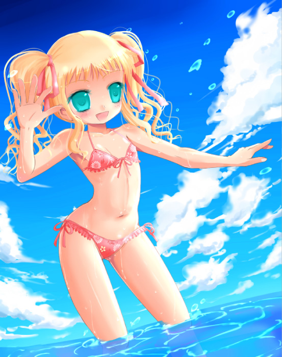 1girl bad_id bad_pixiv_id bikini blonde_hair blue_eyes day female_focus flat_chest kay kay_(utd) navel original side-tie_bikini_bottom solo swimsuit twintails wading water