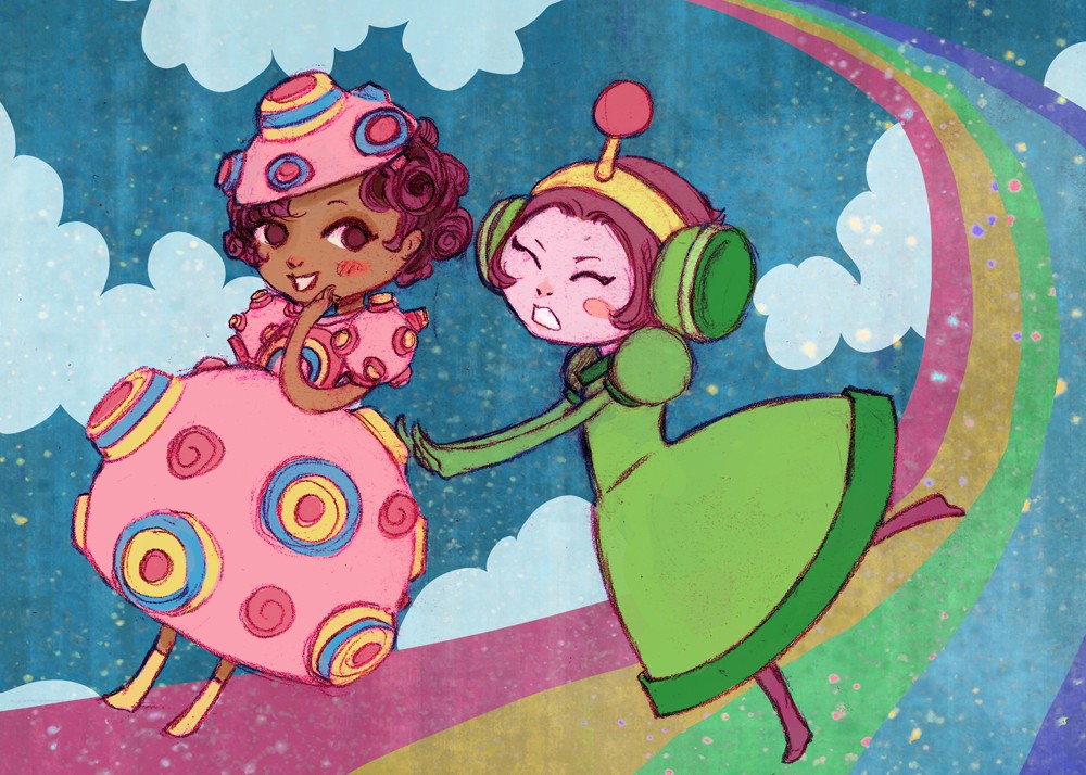 2girls blush_stickers cloud curly_hair dark_skin dark-skinned_female gender_request genderswap hat katamari_damacy mixed_media multiple_girls personification purple_hair purple_legwear pushing rainbow robin_e_kaplan short_hair the_prince