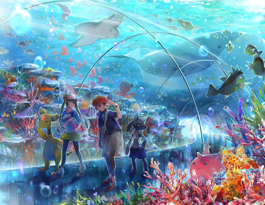 10s 1boy 1girl ampharos aquarium bad_id bad_pixiv_id basculin basculin_(blue) basculin_(red) blue_eyes blush brown_hair bubble chinchou clamperl coral corsola double_bun finneon frillish gen_2_pokemon gen_3_pokemon gen_4_pokemon gen_5_pokemon hair_bun hat long_hair lucario luvdisc mantine namie-kun nate_(pokemon) nintendo octillery pantyhose pokemon pokemon_(creature) pokemon_bw2 qwilfish raglan_sleeves remoraid rosa_(pokemon) scenery short_hair shorts smile tunnel twintails underwater visor_cap wailord water