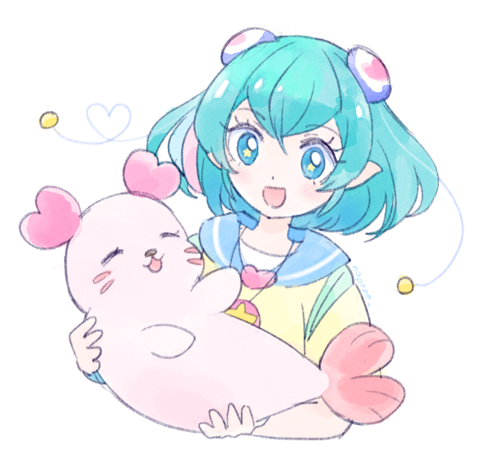 1girl :d aqua_hair artist_name blue_eyes creature hagoromo_lala hair_ornament holding holding_creature kururun_(precure) looking_at_creature nopepe open_mouth precure seal_(animal) short_hair smile solo star_(symbol) star_in_eye star_twinkle_precure symbol_in_eye tropical-rouge!_precure twitter_username white_background