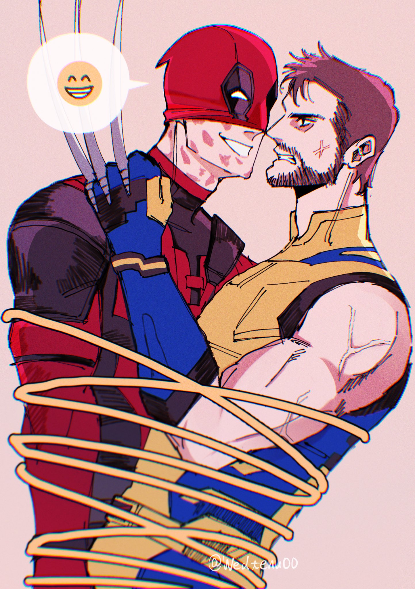 2boys anger_vein angry beard blue_gloves bound bound_together brown_hair burn_scar claws clenched_hand clenched_teeth commentary cowboy_shot deadpool deadpool_&_wolverine deadpool_(series) elbow_gloves eye_contact facial_hair gloves grin hand_up highres looking_at_another male_focus marvel mask mask_up mcnn0000 multicolored_clothes multiple_boys no_pupils profile red_mask scar scar_on_face simple_background single_bare_shoulder sleeveless smile smile_emoji speech_bubble superhero_costume teeth tied_up_(nonsexual) twitter_username veins veiny_arms white_eyes wolverine_(x-men) x-men yaoi