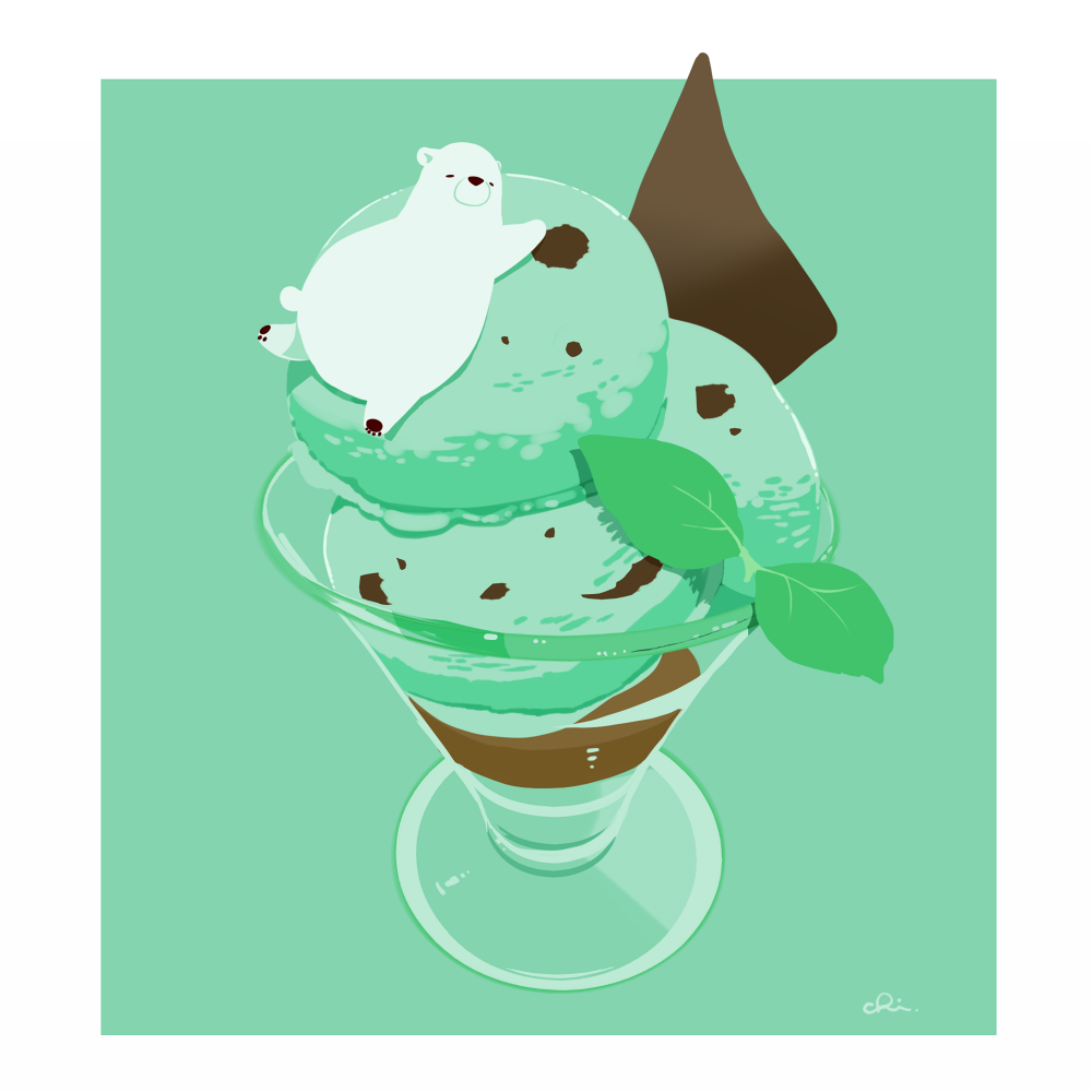 artist_name bear chai_(drawingchisanne) chocolate_chip cup food food_focus green_background ice_cream mint mint_chocolate mint_chocolate_(razschi) no_humans original polar_bear shirokuma-san_(drawingchisanne)