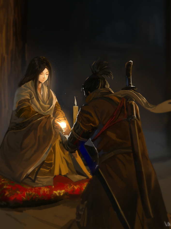 1boy 1girl bad_id bad_pixiv_id black_hair candle club3 cupping_hands divine_child_of_rejuvenation giving indoors katana kneeling long_hair multiple_swords own_hands_together parted_bangs pillow ponytail rice scabbard sekiro sekiro:_shadows_die_twice sheath sitting sword weapon weapon_on_back wooden_floor