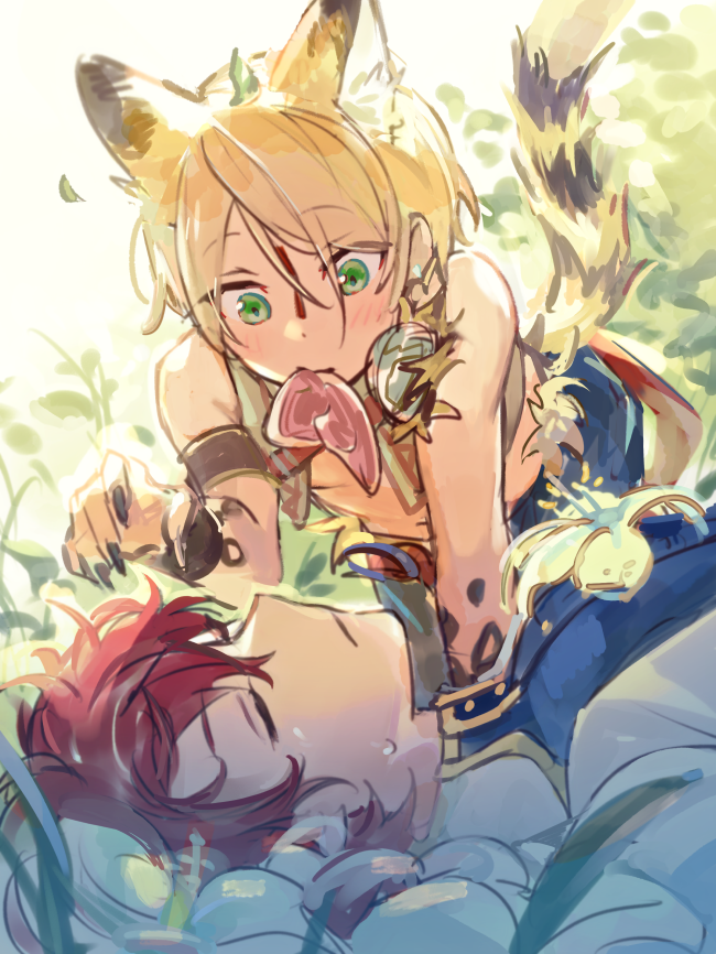 2boys all_fours amagi_hiiro animal_ears armlet backlighting bishounen black_nails blonde_hair cat_boy cat_ears closed_mouth crop_top dot_nose downturned_eyes ensemble_stars! extra_ears facial_mark flower foliage food green_eyes hand_up implied_yaoi jacket jewelry light_blush logi_bunbukucha looking_at_another looking_down lying male_focus mark_between_eyes meat mouth_hold multiple_boys nail_polish navel official_alternate_costume on_back open_clothes open_jacket pants pectoral_cleavage pectorals raised_eyebrows raw_meat red_hair serval shiratori_aira_(beasts&#039;_survival)_(ensemble_stars!) shiratori_aira_(ensemble_stars!) short_hair sleeping striped_tail sunlight swept_bangs tail unfinished white_flower white_lily