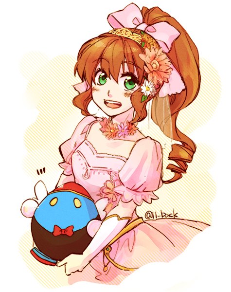 1girl bobot breasts brown_hair dress flower gloves green_eyes hair_flower hair_ornament long_hair looking_at_viewer minazuki_kurisu open_mouth ponytail precis_neumann robot smile star_ocean star_ocean:_anamnesis star_ocean_the_second_story