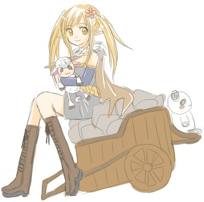 1girl 2000s_(style) :3 alchemist_(ragnarok_online) amistr_(ragnarok_online) ayu_(citron) blonde_hair blue_gloves boots brown_boots brown_cape cape closed_mouth commentary_request dress elbow_gloves flower full_body fur_collar gloves grey_dress hair_flower hair_ornament lace-up_boots long_hair looking_at_viewer lowres pink_flower pointy_ears pullcart ragnarok_online sheep short_dress simple_background smile solo strapless strapless_dress stuffed_animal stuffed_panda stuffed_toy twintails white_background yellow_eyes