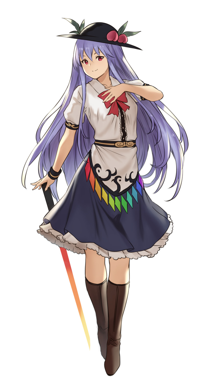 1girl black_hat blue_hair boots bow bowtie brown_boots closed_mouth collared_shirt commentary_request duplicate food fruit full_body hat highres hinanawi_tenshi houtengeki long_hair looking_at_viewer miniskirt peach pixel-perfect_duplicate puffy_short_sleeves puffy_sleeves red_bow red_bowtie red_eyes shirt short_sleeves simple_background skirt smile solo standing sword_of_hisou touhou white_background white_shirt wing_collar wristband