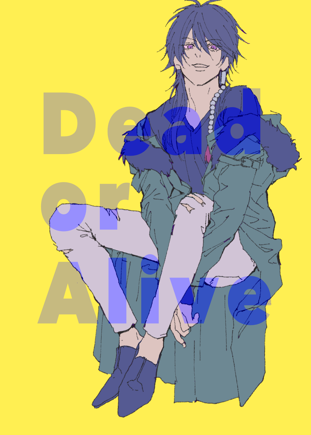 1boy adam&#039;s_apple arisugawa_dice black_shirt blue_footwear coat english_text full_body fur-trimmed_hood fur_trim green_coat grey_pants hair_between_eyes highres hood hypnosis_mic invisible_chair kurosujuu long_hair long_sleeves looking_at_viewer male_focus pants purple_eyes shirt simple_background sitting solo torn_clothes torn_pants yellow_background