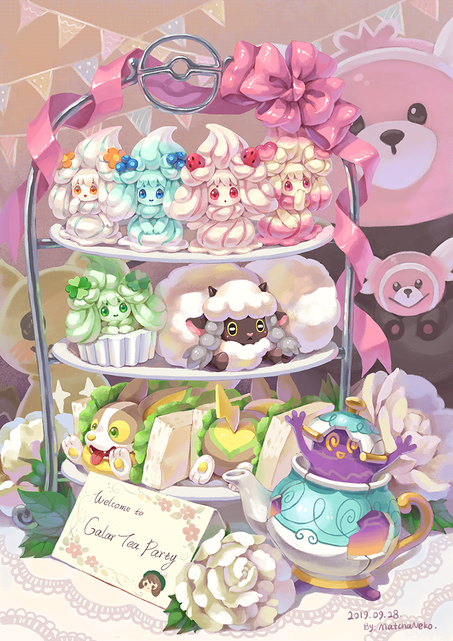 :d alcremie alcremie_(berry_sweet) alcremie_(clover_sweet) alcremie_(flower_sweet) alcremie_(love_sweet) alcremie_(matcha_cream) alcremie_(mint_cream) alcremie_(ruby_swirl) alcremie_(strawberry_sweet) alcremie_(vanilla_cream) bewear black_eyes blue_eyes blueberry commentary creature dated english_commentary english_text flower food fruit gen_7_pokemon gen_8_pokemon gloria_(pokemon) green_eyes highres looking_at_viewer matchaneko mimikyu nintendo no_humans open_mouth pink_ribbon poke_ball_symbol pokemon pokemon_(creature) polteageist red_eyes ribbon rose signature smile standing strawberry stufful white_flower white_rose wooloo yamper yellow_eyes