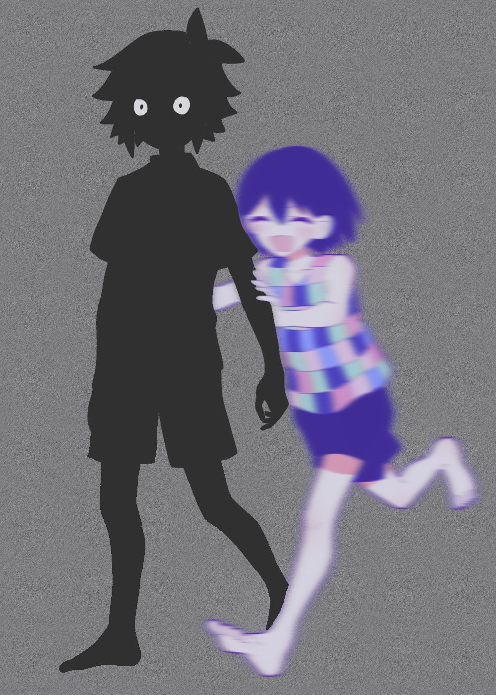 2boys :d ^_^ antenna_hair bare_arms bare_shoulders barefoot behind_another black_skin blurry checkered_clothes closed_eyes collarbone colored_skin double-parted_bangs film_grain full_body grey_background hair_behind_ear hair_between_eyes highres kel_(headspace)_(omori) kel_(omori) motion_blur multiple_boys omori open_mouth purple_hair running saji_neko short_hair simple_background smile standing standing_on_one_leg stranger_(omori) tank_top white_eyes