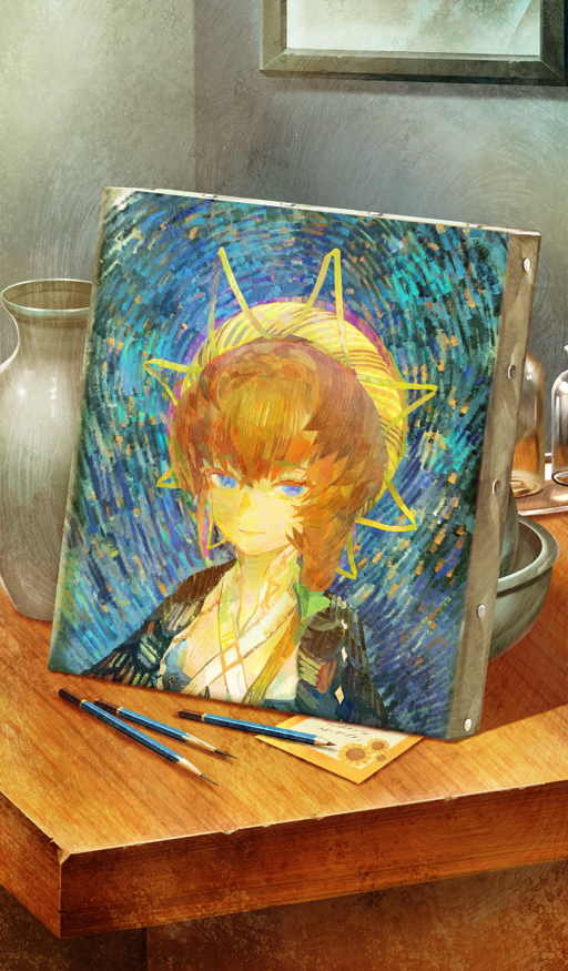 artist_collaboration blue_eyes brown_hair canvas_(object) closed_mouth commentary fate/grand_order fate_(series) impressionism indoors kibadori_rue nitamame no_humans object_focus official_art painting_(object) paper pencil smile still_life third-party_source van_gogh_(fate) van_gogh_(first_ascension)_(fate) vase