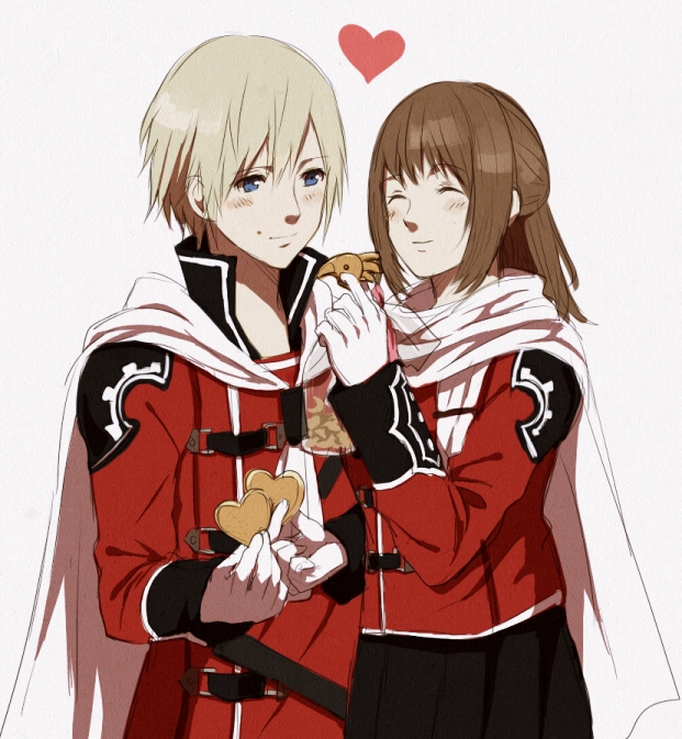 1boy 1girl ace_(fft-0) akademeia_uniform blonde_hair blue_eyes blush brown_hair cape closed_eyes deuce_(fft-0) final_fantasy final_fantasy_type-0 jacket long_hair military military_uniform plaid_clothes plaid_skirt school_uniform short_hair simple_background skirt smile xino