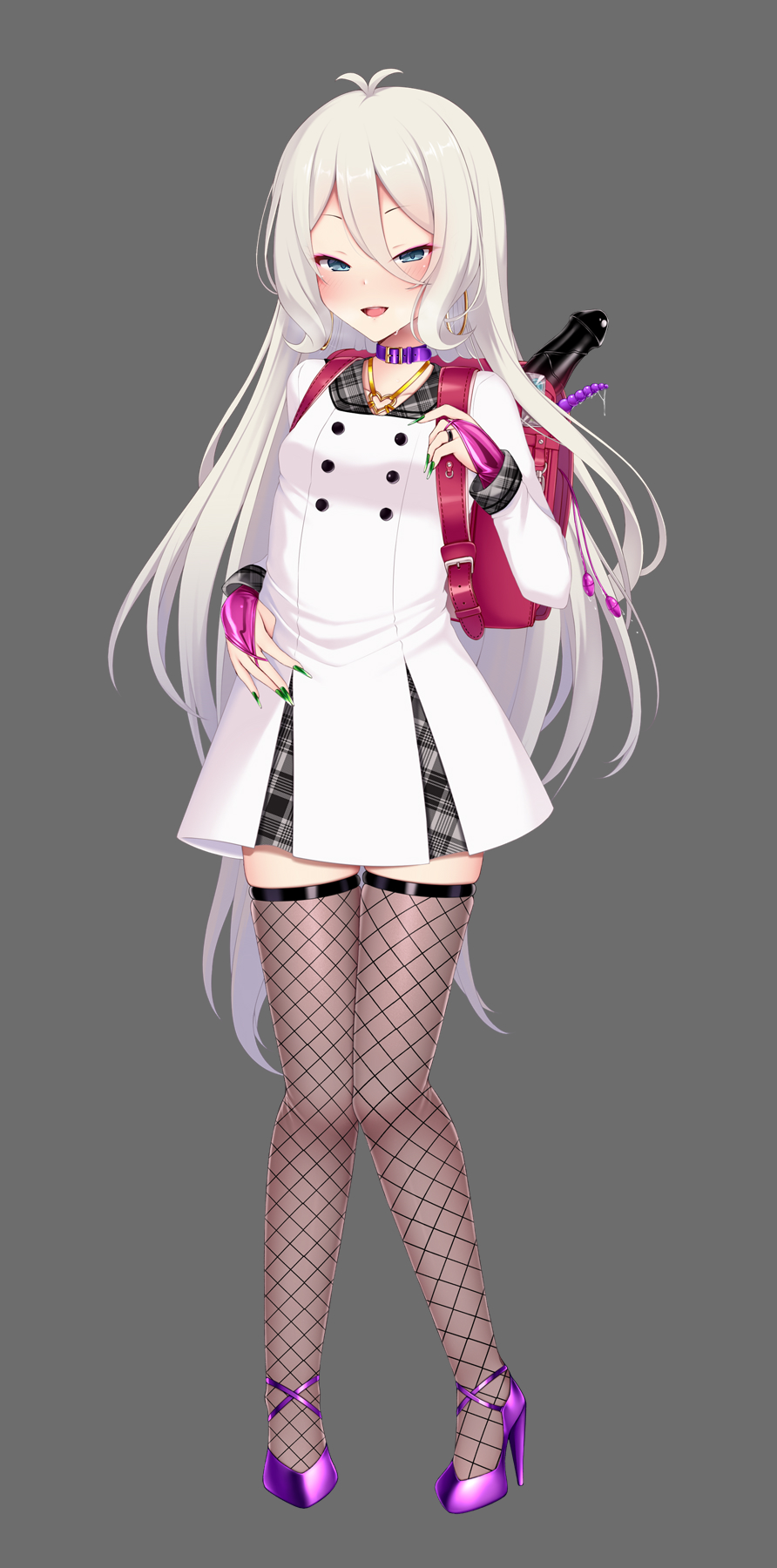 1girl antenna_hair aqua_eyes backpack bag blush collar commentary_request dildo dress female_focus fingerless_gloves fishnets full_body gloves grey_background hair_between_eyes high_heels highres knees_together_feet_apart kokkoro_(princess_connect!) kokkoro_(real)_(princess_connect!) long_hair looking_at_viewer open_mouth princess_connect! puririn pussy_juice randoseru school_bag sex_toy shoes silver_hair simple_background solo standing thighhighs vibrator
