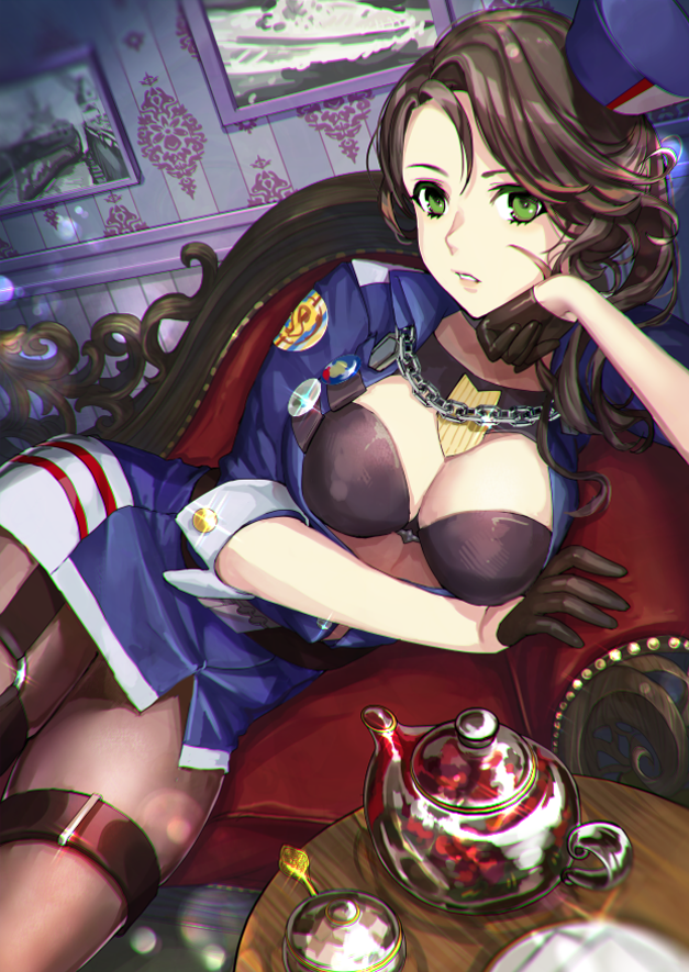 1girl arm_under_breasts azur_lane belt bikini bikini_top_only black_belt black_bikini black_gloves blue_hat breasts brown_hair brown_pantyhose buttons chain cleavage couch earrings emblem female_focus furon_(froon) gloves green_eyes hair_between_eyes hand_on_own_chin hand_up hat indoors jewelry large_breasts lens_flare lips long_hair looking_at_viewer lying military military_uniform mini_hat o-ring on_side painting_(action) pantyhose parted_lips pennsylvania_(azur_lane) picture_frame plate scar scar_on_face ship_turret solo swept_bangs swimsuit table teapot teeth thigh_strap thighs