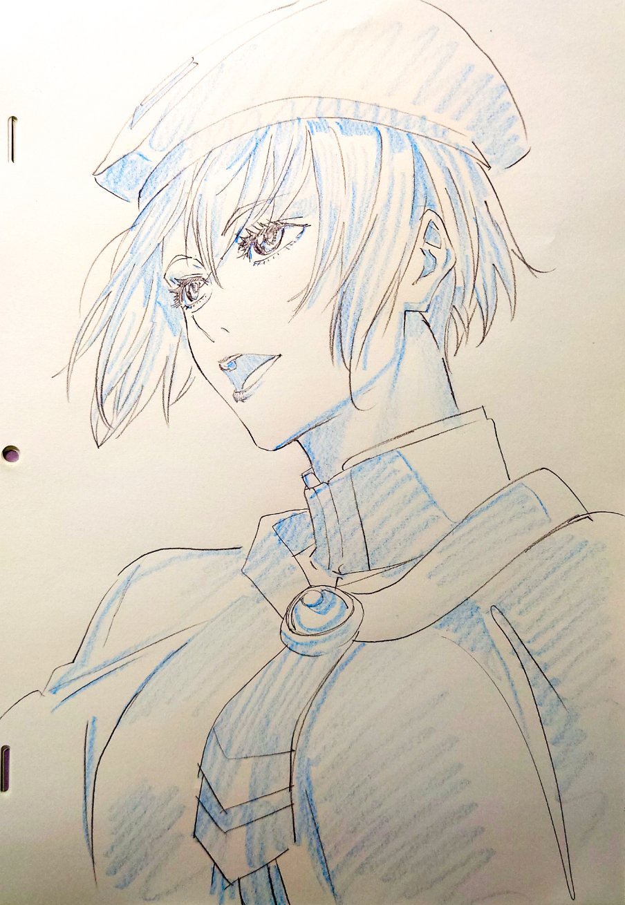 1girl aria_(manga) athena_glory beret breasts cwind eyelashes hair_between_eyes hat highres looking_to_the_side medium_breasts monochrome necktie open_mouth orange_planet_uniform short_hair sidelocks simple_background sketch solo traditional_media upper_body