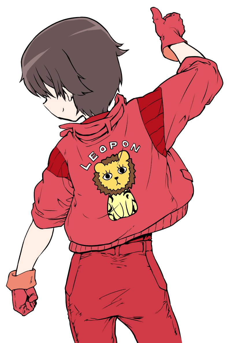 1girl ass brown_hair closed_mouth from_behind girls_und_panzer gloves jacket leopon_(animal) monolith_(suibou_souko) nakajima_(girls_und_panzer) pants red_gloves red_jacket red_pants short_hair simple_background smile solo thumbs_up white_background