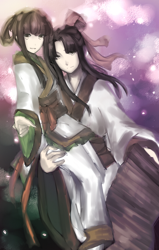 bamboo_slips black_eyes black_hair chinese_clothes couple girdle hair_ornament long_hair looking_at_viewer purple_background smile virno xuan-yuan_sword