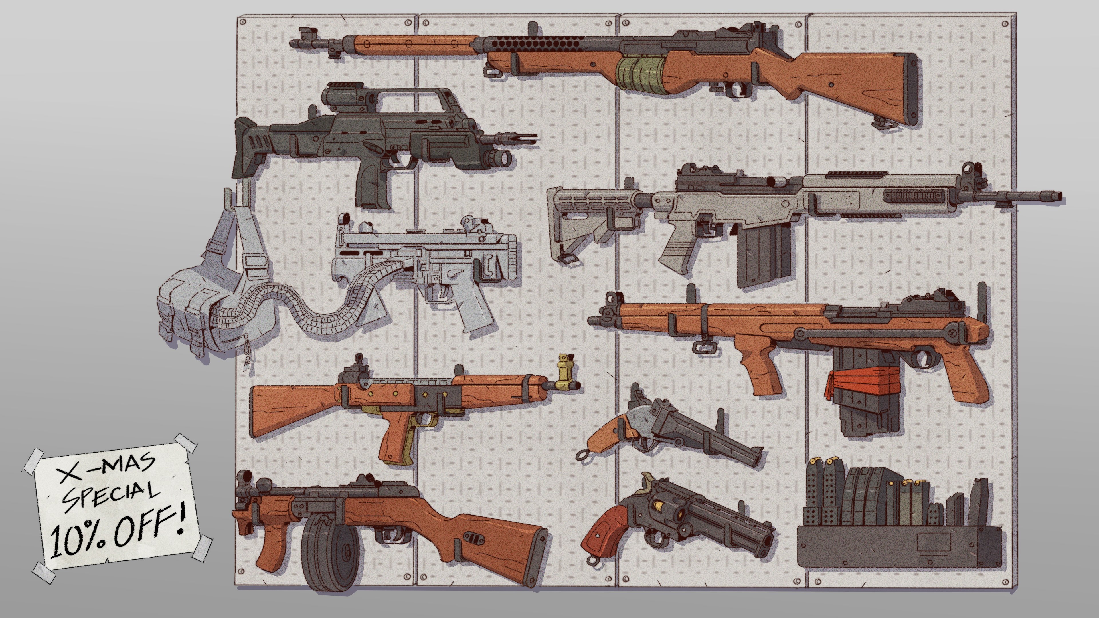 absurdres ammunition_chute assault_rifle backpack bad_gun_anatomy bag battle_rifle chiappa_firearms chiappa_rhino drum_magazine english_text fn-49 grey_background gun h&k_g36 handgun hat_legs highres jungle_style light_machine_gun low_bore_axis_revolver m14 m1941_johnson_rifle machine_gun magazine_(weapon) no_humans original ppsh-41 revolver rifle submachine_gun ventilation_rib weapon weapon_focus weapon_request witness_holes