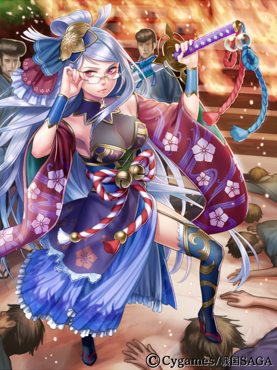 1girl 6+boys akechi_mitsuhide akechi_mitsuhide_(sengoku_saga) bell black_hair black_thighhighs breasts esukee fire foot_on_head glasses hair_ornament high_heels holding katana lips long_hair multiple_boys pink_eyes ribbon sengoku_saga shoes silver_hair stairs standing_on_another&#039;s_head sweatdrop sword thighhighs weapon