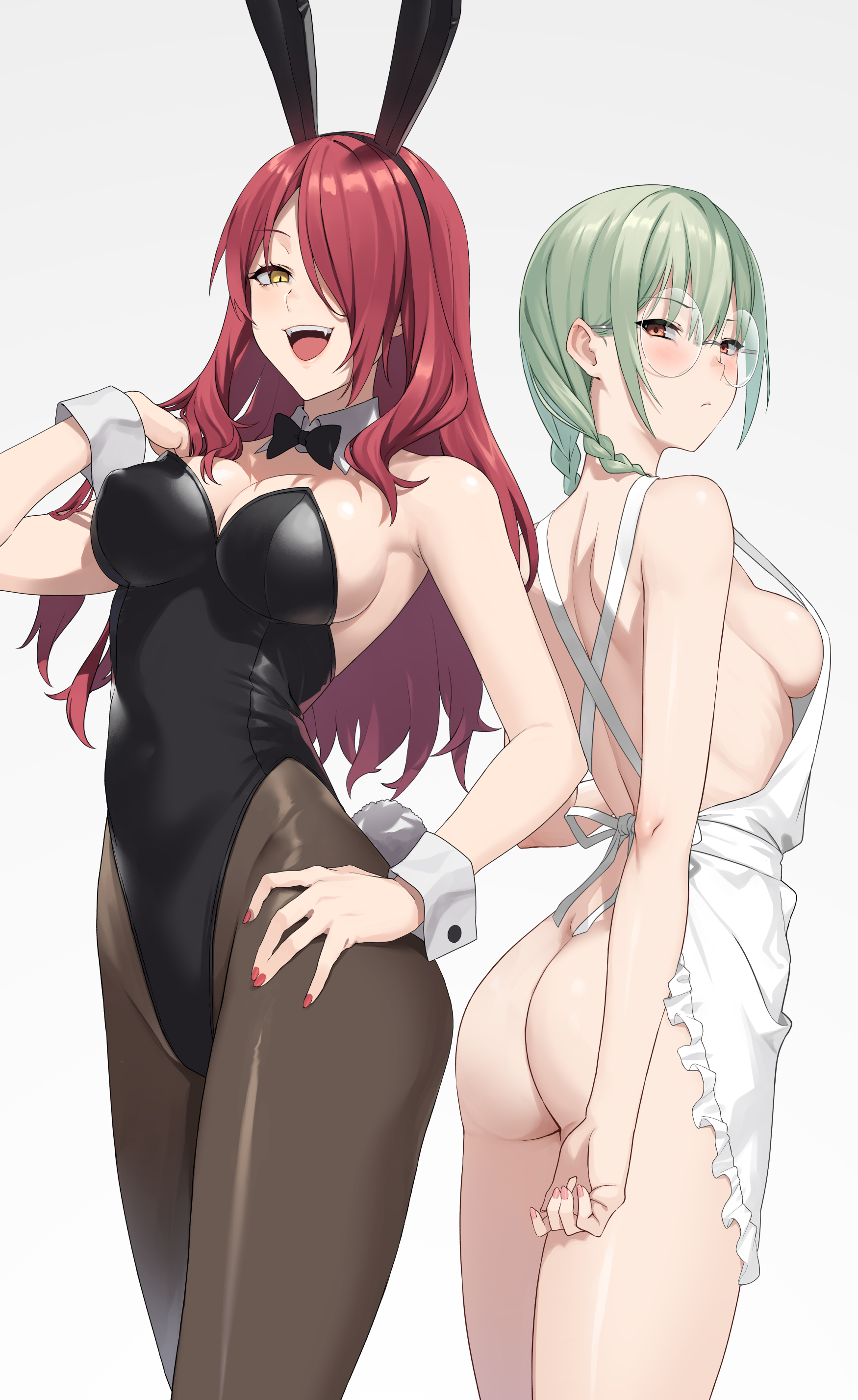2girls absurdres animal_ears apron ass back bare_shoulders black_bow black_bowtie black_leotard blush bow bowtie braid breasts brown_pantyhose cleavage covered_navel detached_collar fake_animal_ears fake_tail fangs female_focus glasses green_hair hair_over_one_eye hairband highleg highleg_leotard highres kinokuni_nene kobayashi_rindou large_breasts leotard long_hair looking_at_viewer looking_back low_twin_braids medium_breasts multiple_girls naked_apron open_mouth pantyhose playboy_bunny prime_(prime_tw) rabbit_ears rabbit_tail red_eyes red_hair red_nails round_eyewear shokugeki_no_souma short_hair sideboob smile standing tail thighs twin_braids white_apron wrist_cuffs yellow_eyes