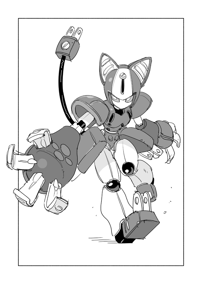 1girl animal_ears animal_hands birdhatter cable cable_tail cat_ears cat_paws commentary_request full_body greyscale humanoid_robot joints mechanical_arms mechanical_tail medarot medarot_2 monochrome no_mouth no_nose oversized_forearms oversized_limbs partial_commentary peppercat robot robot_girl solo tail