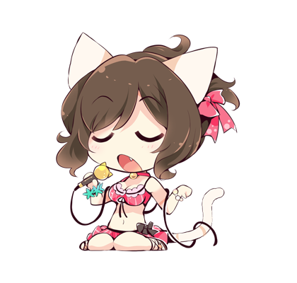 1girl animal_ears aqua_flower bead_bracelet beads bell bikini bikini_skirt black_bow black_ribbon black_sandals bow bracelet breasts brown_hair cable cat_ears cat_girl cat_tail chibi choker cleavage closed_eyes commentary_request fang flower flower_bracelet frilled_bikini frills hair_bow holding holding_microphone idolmaster idolmaster_cinderella_girls jewelry kemonomimi_mode light_blush lowres maekawa_miku medium_breasts microphone music neck_bell open_mouth paw_print paw_print_pattern pink_bikini pink_bow pink_choker ribbon sandals short_hair shorts simple_background singing sitting solo stomach striped_bikini striped_clothes swept_bangs swimsuit tail u_u usoneko vertical-striped_bikini vertical-striped_clothes waist_bow wariza white_background