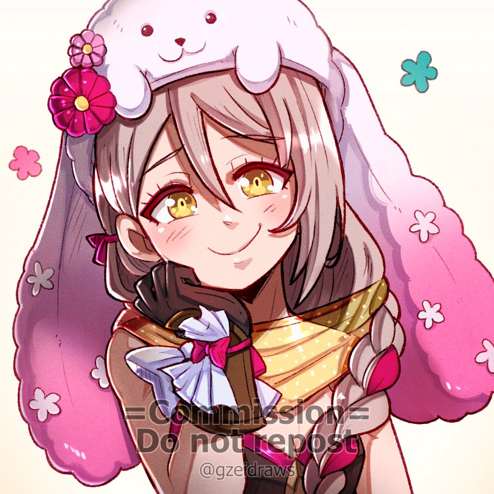 1girl animal_hood braid brown_gloves closed_mouth commentary commission english_commentary eyelashes fire_emblem fire_emblem_engage fire_emblem_heroes framme_(fire_emblem) framme_(spring)_(fire_emblem) gloves grey_hair gzei hair_between_eyes hood long_hair looking_at_viewer nintendo official_alternate_costume rabbit_hood smile solo twitter_username upper_body vgen_commission white_background yellow_eyes