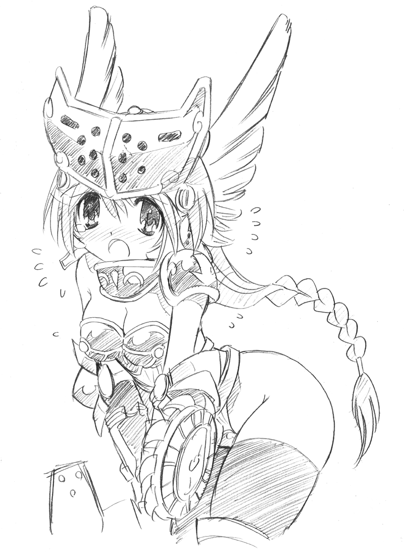 10s 1girl armor artist_request bikini_armor blush braid breasts curvy embarrassed female_focus helmet highleg highleg_leotard leotard long_hair mirim monochrome queen&#039;s_blade queen&#039;s_blade_rebellion revealing_clothes shiny_skin sketch solo sweat sword thong_leotard weapon white_leotard wide_hips winged_helmet