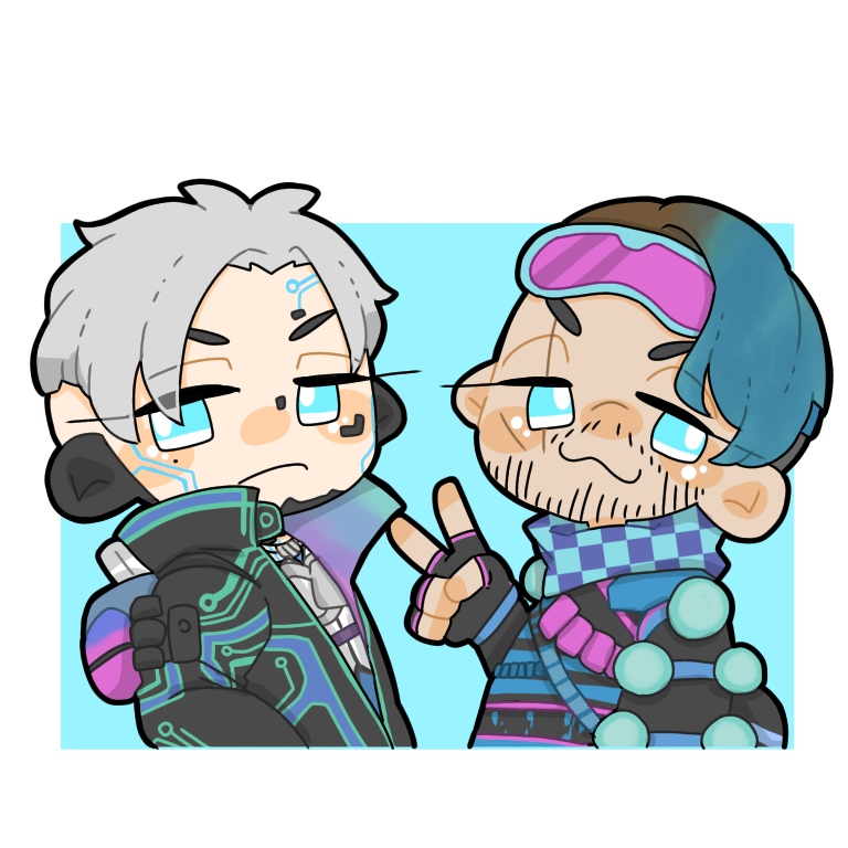 2boys animification apex_legends black_coat black_gloves blue_eyes blush border bright_pupils closed_mouth coat crypto_(apex_legends) facial_mark fingerless_gloves gloves goggles goggles_on_head grey_hair looking_at_viewer male_focus mirage_(apex_legends) multiple_boys no_nose nose_blush rotten_cf short_hair sparse_stubble v white_border white_pupils