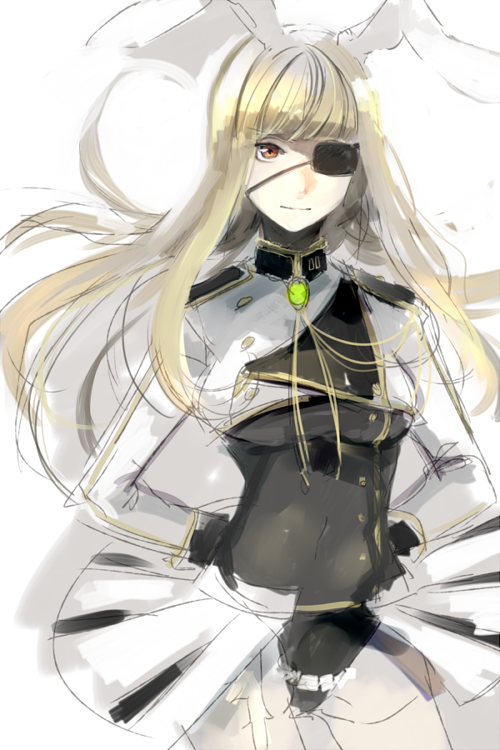 1girl animal_ears arms_behind_back blonde_hair rabbit_ears chiester00 chiester_sisters eyepatch leotard red_eyes sketch sofy umineko_no_naku_koro_ni