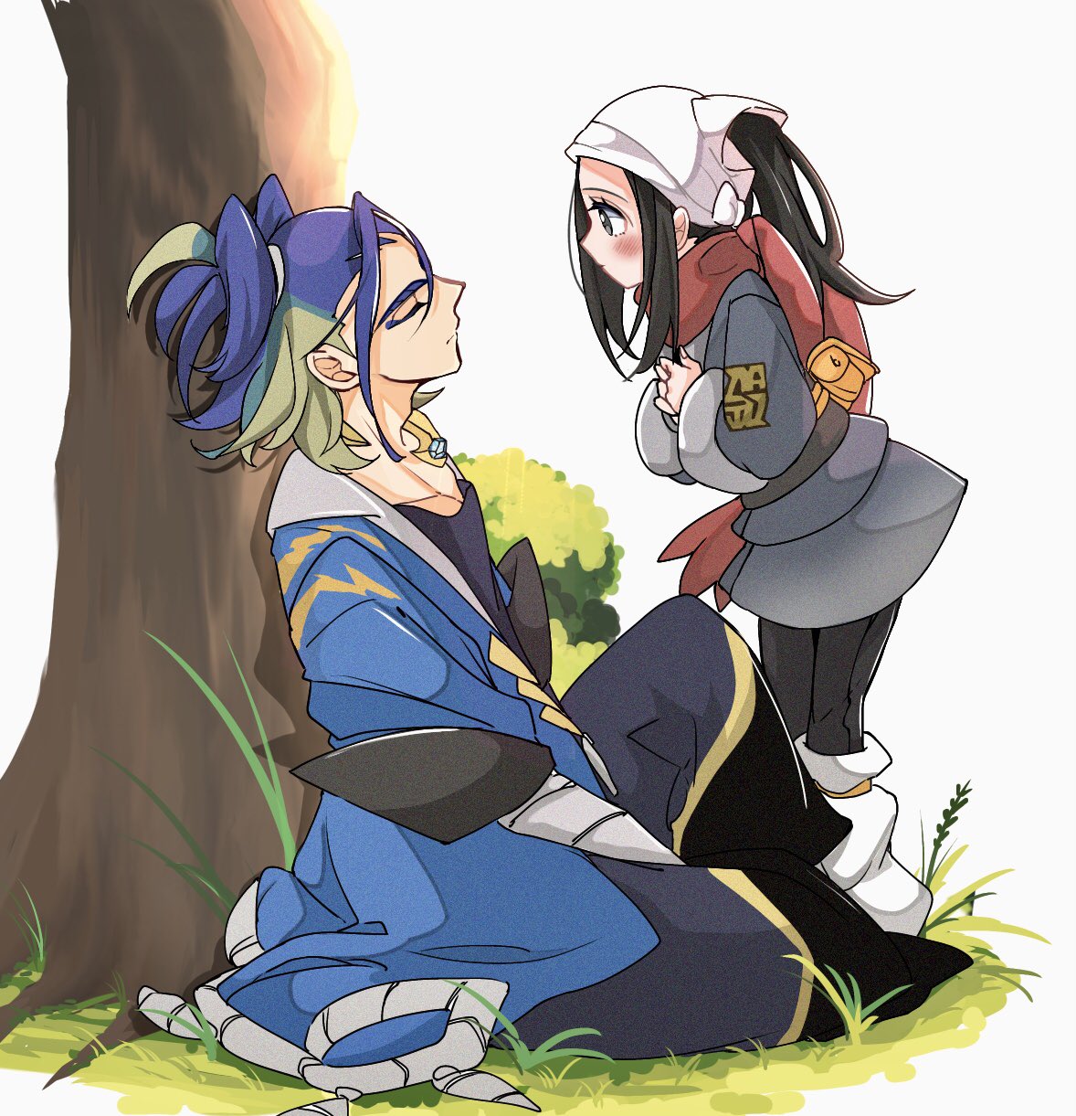 1boy 1girl adaman_(pokemon) against_tree akari_(pokemon) black_hair black_sash blonde_hair blue_coat blue_hair blush closed_eyes closed_mouth coat cocoa_s3 collarbone diamond_clan_outfit eyebrow_cut eyelashes galaxy_expedition_team_survey_corps_uniform green_hair grey_eyes grey_jacket hat headscarf highres jacket jewelry long_hair multicolored_hair nintendo outdoors pantyhose pokemon pokemon_legends:_arceus ponytail red_scarf sash scarf shirt sidelocks sitting tree white_headscarf