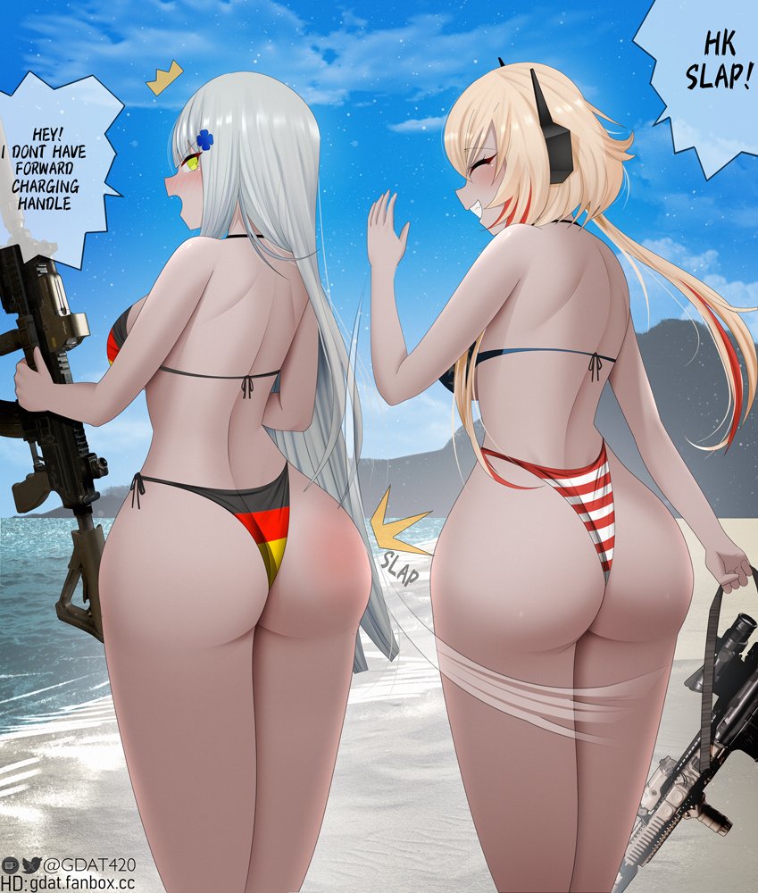 2girls american_flag american_flag_bikini american_flag_print assault_rifle beach bikini blonde_hair blunt_bangs blush breasts flag_print gdat german_flag_bikini girls&#039;_frontline green_eyes grey_hair gun h&amp;k_hk416 hair_between_eyes hair_ornament headgear hk416_(girls&#039;_frontline) holding large_breasts long_hair m4_carbine m4_sopmod_ii_(girls&#039;_frontline) multicolored_hair multiple_girls print_bikini red_hair rifle smile spanking speech_bubble streaked_hair string_bikini swimsuit weapon
