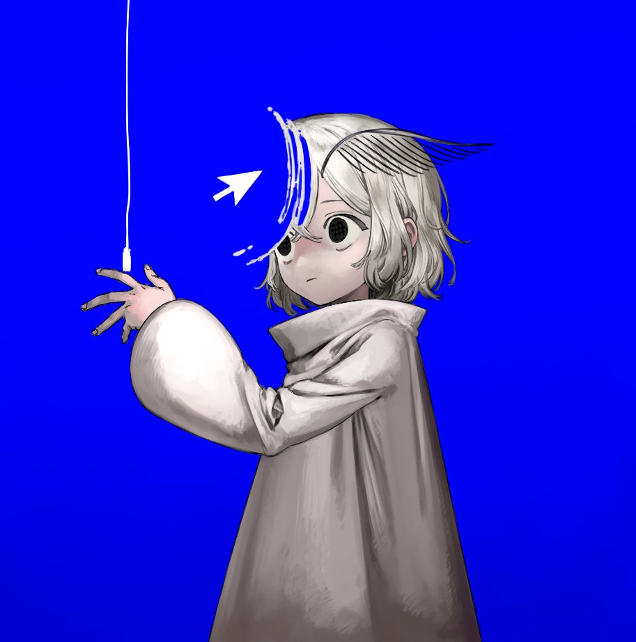 1other antennae black_eyes blue_background closed_mouth computer_mouse crossed_bangs dress fingernails grey_hair long_sleeves medium_hair moth_antennae original puffy_long_sleeves puffy_sleeves pull_cord solo solo_focus uni_no white_dress white_hair