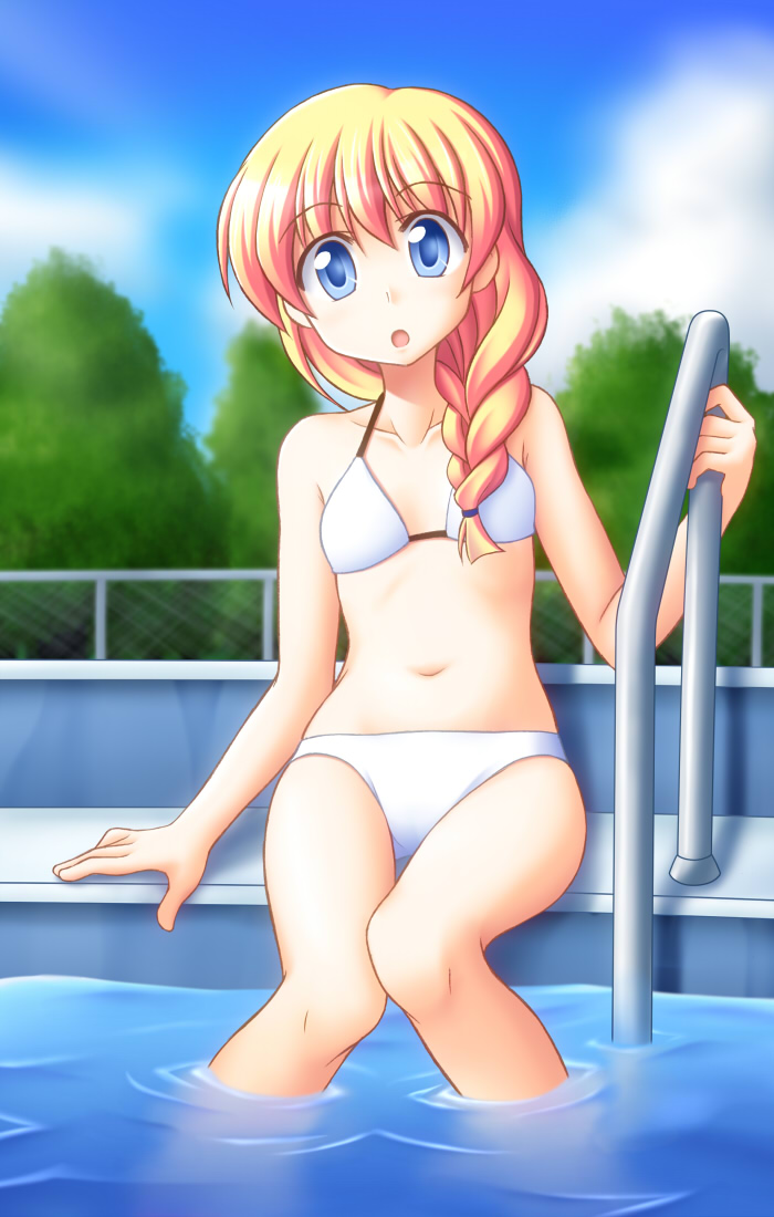 1girl bare_shoulders bikini blonde_hair blue_eyes blurry blurry_background breasts cloud collarbone day female_focus long_hair looking_at_viewer navel outdoors pani_poni_dash! pool rebecca_miyamoto sitting sky small_breasts solo swimsuit tree utomo water white_bikini