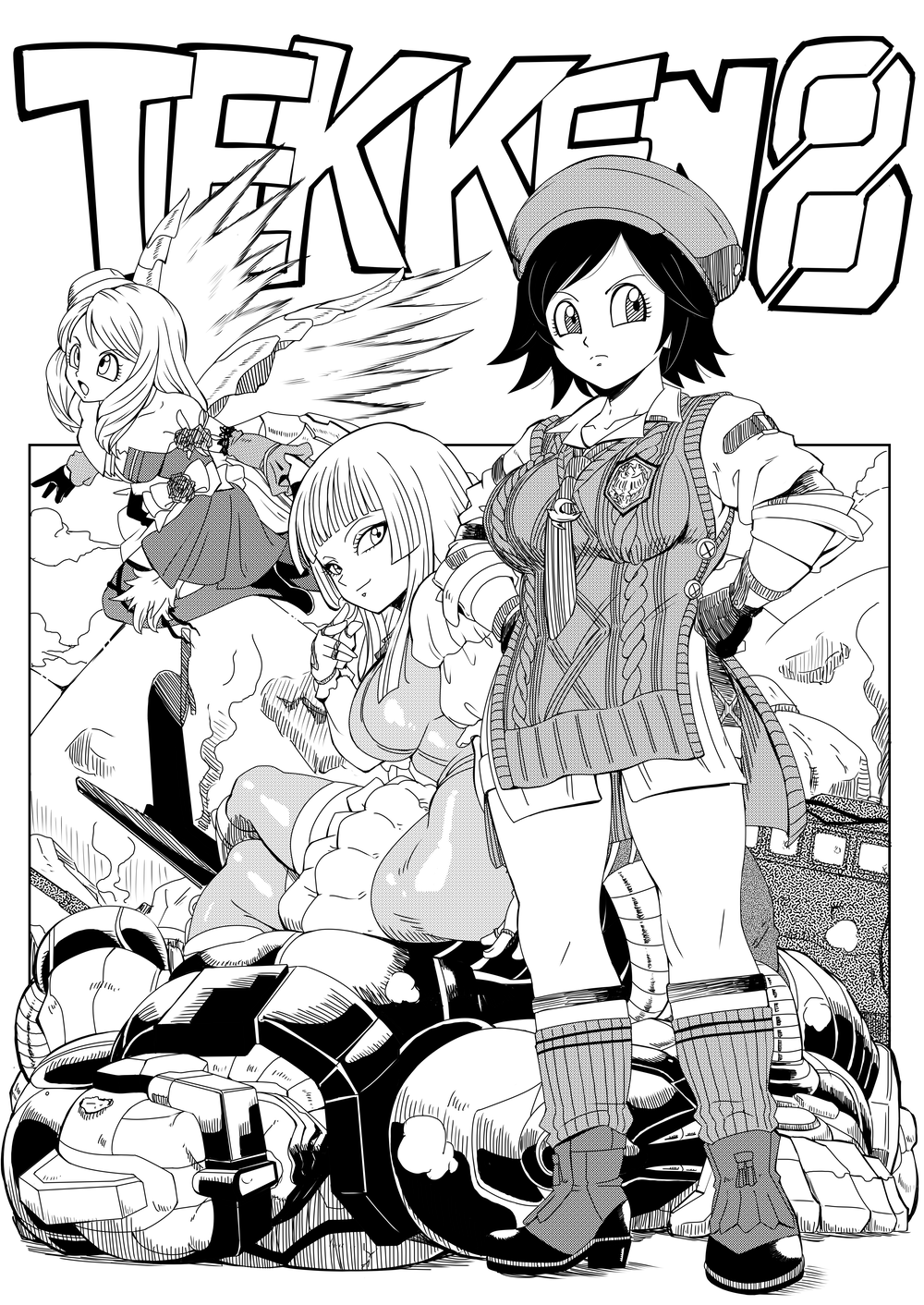 1d1htr 3girls alisa_boskonovich breasts copyright_name emilie_de_rochefort full_body group_picture halftone highres jack_(tekken) kazama_asuka large_breasts long_hair midair multiple_girls robot_girl short_hair single_bare_shoulder sitting standing sweater tekken tekken_8 toriyama_akira_(style)