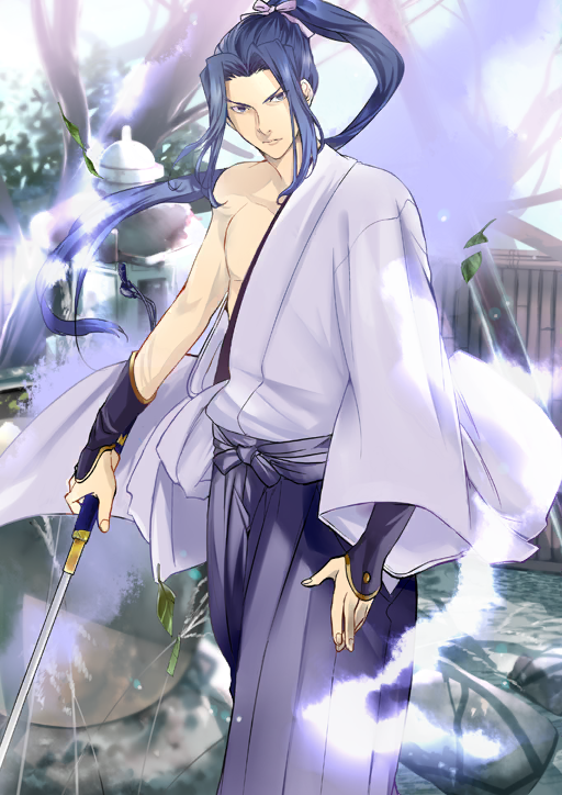 1boy azuazuazu19 closed_mouth curtained_hair fate/grand_order fate_(series) feet_out_of_frame hadanugi_dousa hair_ribbon hakama hakama_pants holding holding_sword holding_weapon japanese_clothes katana kimono leaf light_particles light_trail long_hair long_sleeves looking_at_viewer male_focus monohoshizao_(fate) official_art open_kimono pants pectorals ponytail purple_eyes purple_hair purple_hakama purple_kimono purple_ribbon revision ribbon sidelocks single_bare_shoulder smoke solo standing sword third-party_source v-shaped_eyebrows variant_set weapon wide_sleeves