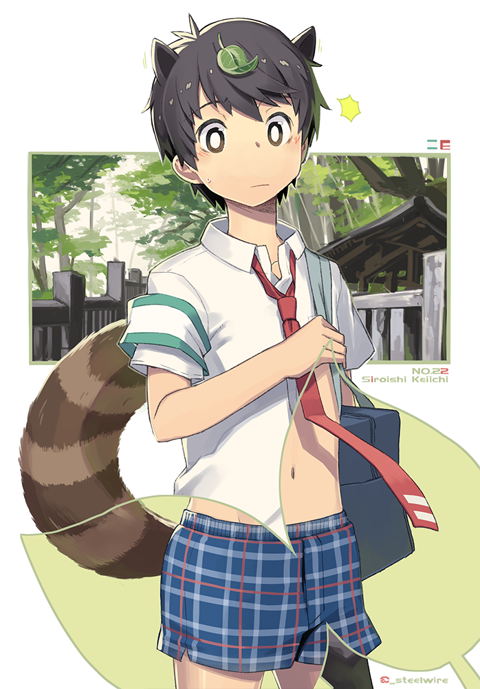 1boy animal_ears armband black_hair blue_male_underwear borrowed_character boxers bright_pupils collared_shirt leaf leaf_on_head looking_down male_focus male_underwear navel necktie original outdoors plaid_clothes plaid_male_underwear raccoon_ears raccoon_tail red_necktie shirt short_hair short_sleeves solo steelwire tail torax twitter_username underwear white_pupils white_shirt x-ray x-ray_vision