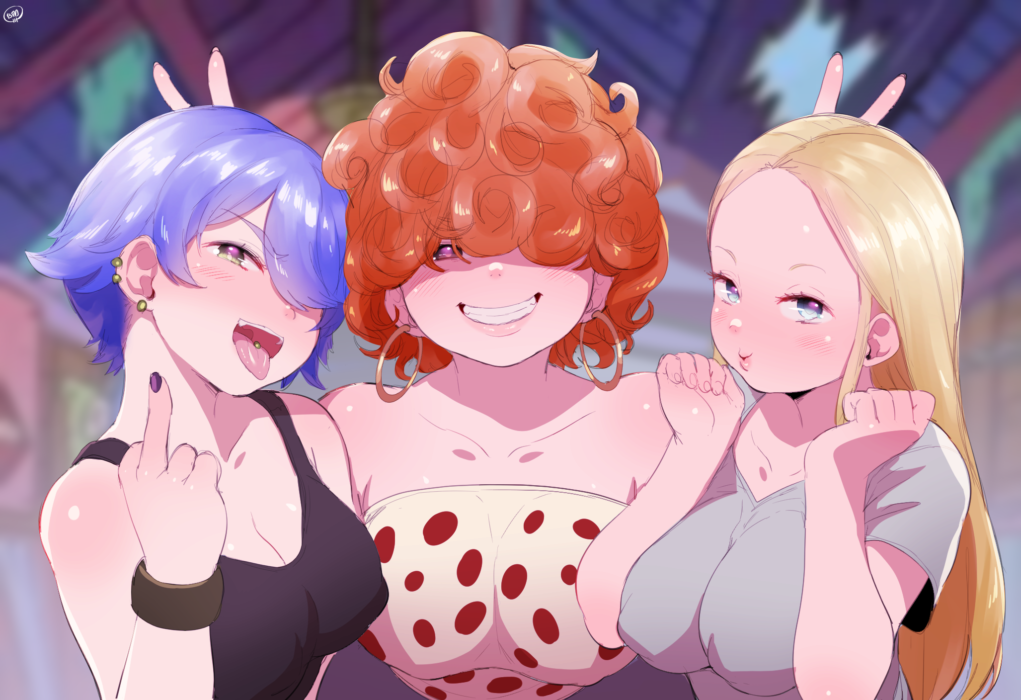 3girls animification black_nails black_shirt blonde_hair blue_eyes blue_hair born-to-die breasts collarbone double_v ear_piercing earrings ed_edd_n_eddy female_focus green_eyes grey_shirt grin hair_over_one_eye highres hoop_earrings jewelry kanker_sisters large_breasts lee_kanker long_hair looking_at_viewer marie_kanker may_kanker middle_finger multiple_girls nail_polish open_mouth orange_hair piercing polka_dot polka_dot_shirt portrait purple_eyes pursed_lips shirt short_hair short_sleeves siblings sisters sleeveless smile strapless strapless_shirt tank_top teeth tongue tongue_out tongue_piercing v wristband