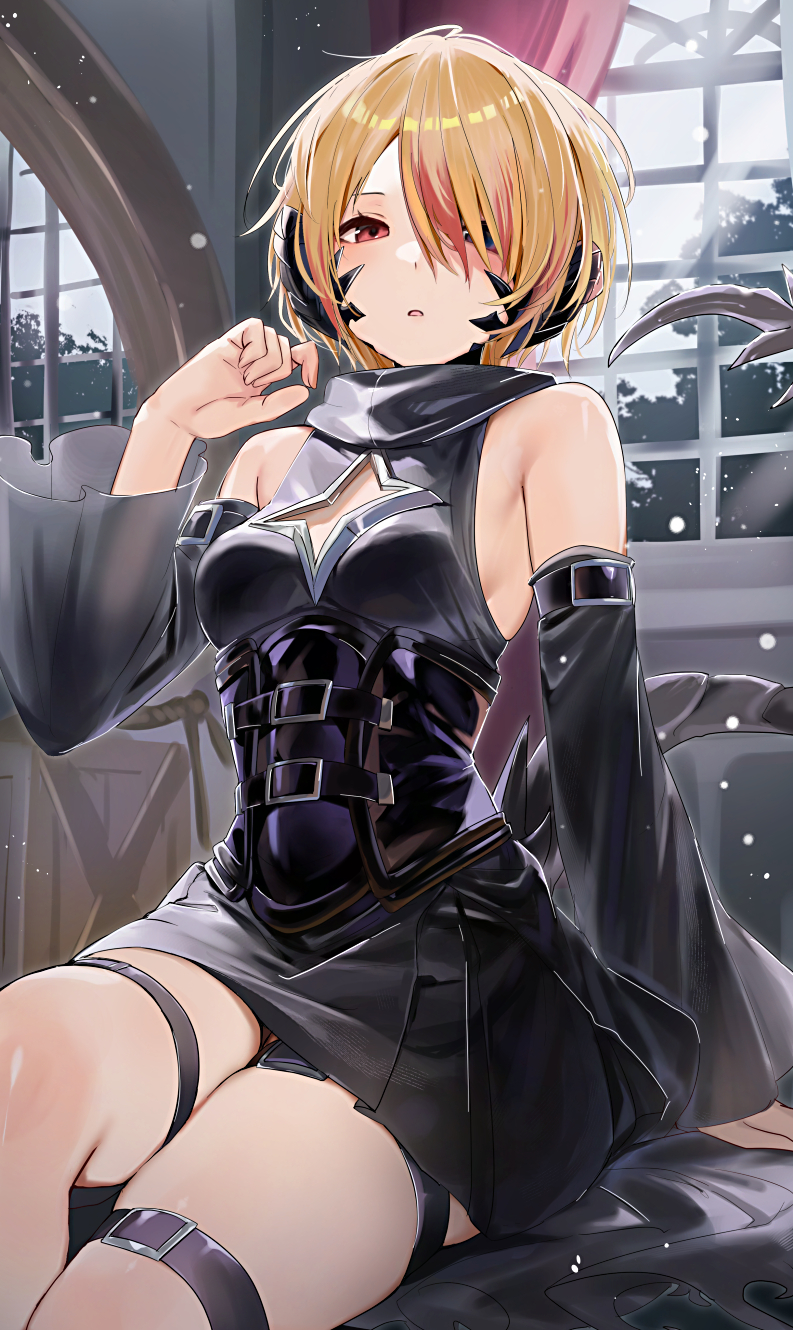 1girl alternate_hairstyle black_corset black_dress black_skirt black_sleeves blonde_hair breasts character_request commission copyright_request corset cosplay detached_sleeves dress haru_(nakajou-28) highres konjiki_no_yami konjiki_no_yami_(cosplay) long_hair long_sleeves parted_lips sitting skirt solo thick_thighs thighs to_love-ru