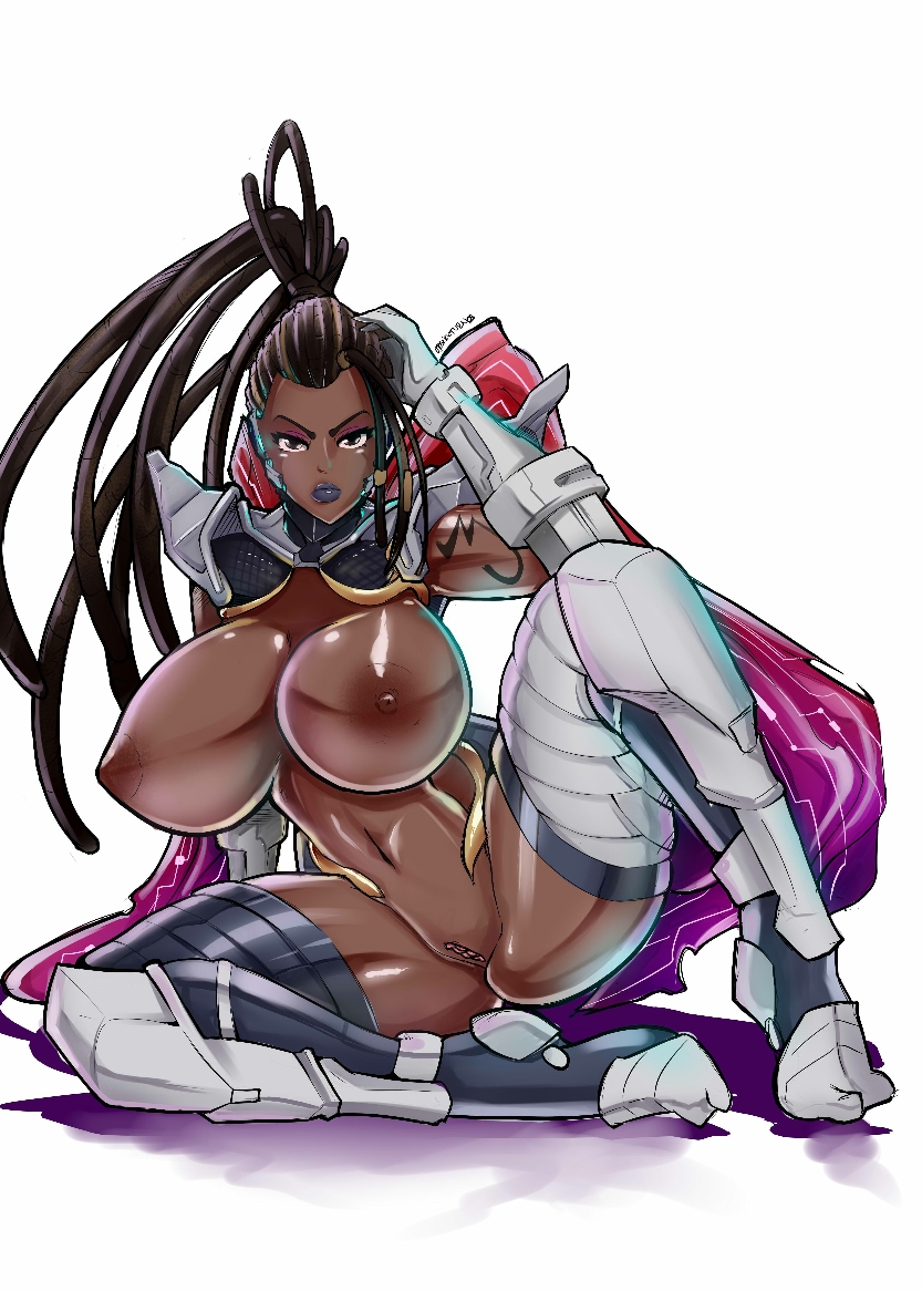 1girl antenna_hair arm_tattoo armor bad_id bad_pixiv_id black_hair black_lips breastless_clothes breasts brown_eyes commentary_request dark-skinned_female dark_nipples dark_skin dreadlocks forehead full_body greaves huge_breasts lips lipstick makeup master_raven multicolored_hair narrow_waist navel ninja nipples on_ground osjosnocturnos pauldrons ponytail pussy scarf shoulder_armor sitting solo spread_legs streaked_hair tabi tattoo tekken tekken_7 thick_thighs thighhighs thighs uncensored very_dark_skin