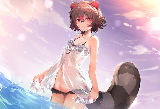 1girl animal_ears babydoll babydoll_lift bandaid bandaid_on_face bandaid_on_nose bare_arms bikini bikini_under_clothes black_bikini breasts bright_pupils brown_hair brown_tail colored_tips downscaled dutch_angle frilled_babydoll frilled_bikini frills hair_between_eyes half-closed_eyes image_sample indie_virtual_youtuber kana616 legs_together looking_at_viewer lowleg lowleg_bikini micro_bikini multicolored_hair navel raccoon_ears raccoon_girl raccoon_tail rakkun_sutaru rakkun_sutaru_(1st_costume) red_eyes red_hair resized see-through_babydoll see-through_clothes short_hair small_breasts spaghetti_strap stomach sunlight swimsuit tail twilight two-tone_hair virtual_youtuber wading water white_babydoll white_pupils