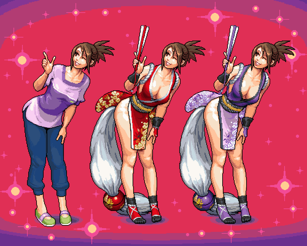 1girl blue_pants breasts brown_hair cleavage collarbone cosplay full_body hand_fan high_ponytail holding holding_fan hope_stelar_(mega_man) irregularsaturn japanese_clothes kimono large_breasts medium_breasts mega_man_(series) mega_man_star_force_(series) one_eye_closed pants pink_background pixel_art ponytail purple_background purple_kimono purple_shirt red_background red_kimono shiranui_mai shiranui_mai_(cosplay) shirt solo the_king_of_fighters