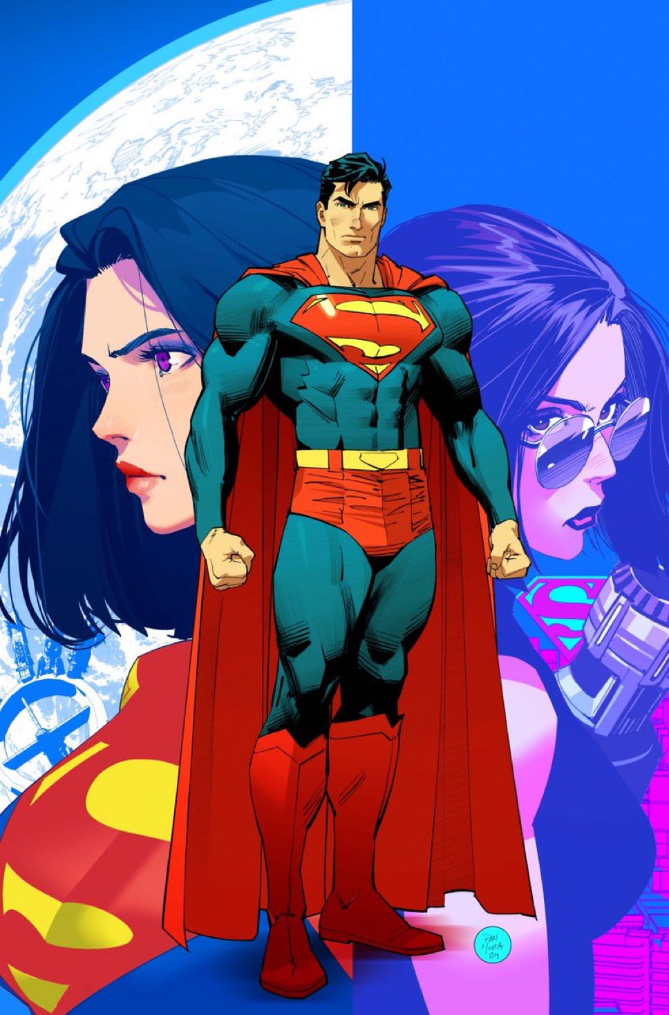 1boy 1girl abs black_hair blue_bodysuit blue_eyes blue_eyeshadow bodysuit boots cape clenched_hands comic_cover cover_image dan_mora dc_comics eyeshadow hair_behind_ear highres lois_lane looking_ahead looking_at_viewer makeup male_focus moon muscular muscular_male official_art red_boots red_cape red_lips red_shorts round_eyewear shorts sunglasses superhero_costume superman superman_(series) superwoman v-shaped_eyebrows