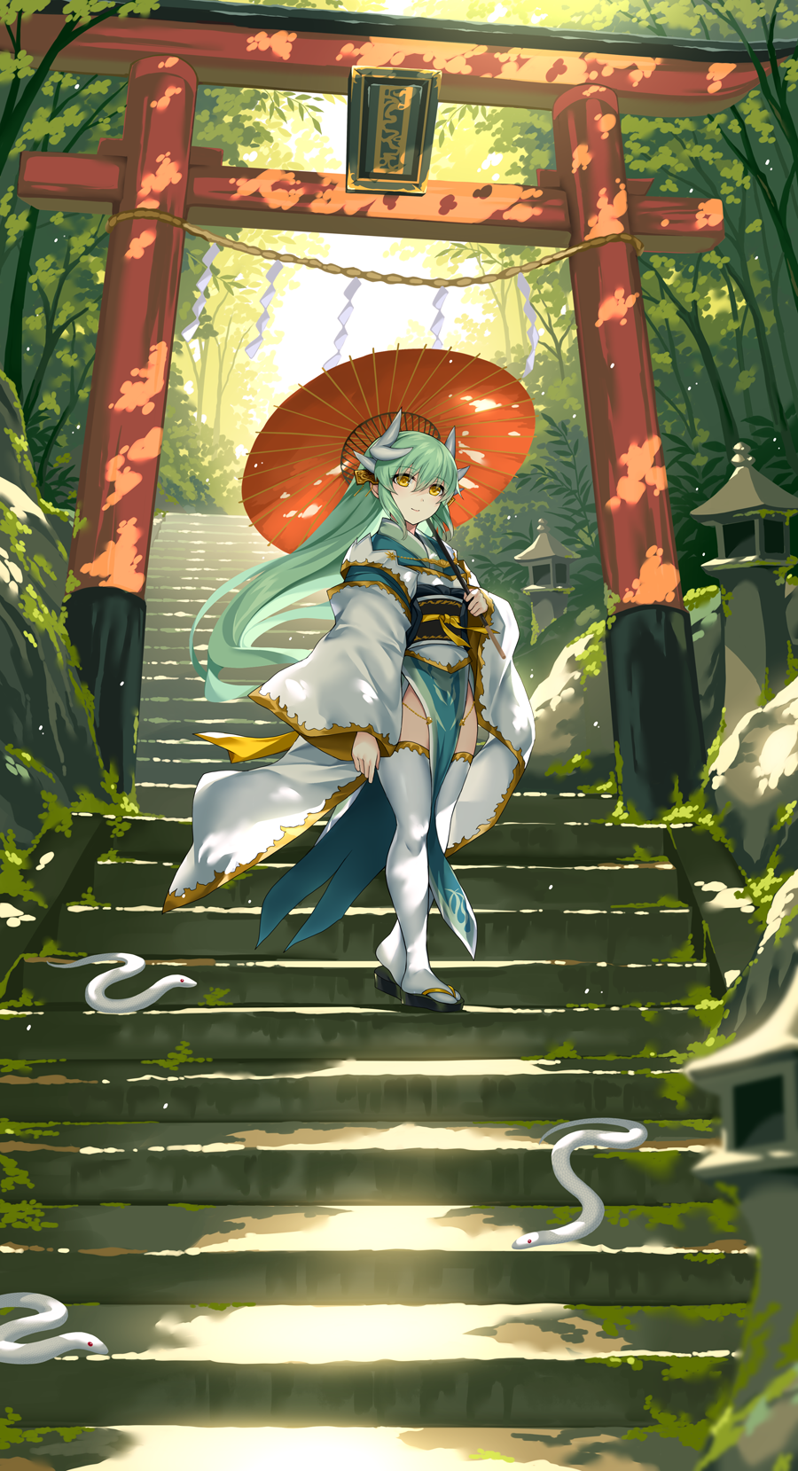 1girl breasts dragon_girl dragon_horns fate/grand_order fate_(series) full_body green_hair highres horns japanese_clothes kimono kiyohime_(fate) long_hair long_sleeves looking_at_viewer medium_breasts morizono_shiki obi sash smile solo thighhighs white_kimono white_thighhighs wide_sleeves yellow_eyes