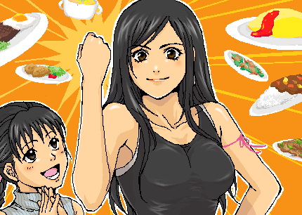 2girls age_difference arm_ribbon black_hair black_shirt braid brown_eyes clenched_hand curry determined egg final_fantasy final_fantasy_vii final_fantasy_vii_advent_children food hand_on_own_hip hand_up happy height_difference long_hair looking_at_another looking_at_viewer looking_up lowres marlene_wallace multiple_girls omelet omurice open_mouth orange_background outline own_hands_together pink_ribbon plate popochan-f ribbon shirt sleeveless sleeveless_sweater sleeveless_turtleneck smile steak sweater tank_top tifa_lockhart turtleneck turtleneck_sweater upper_body white_outline white_sweater
