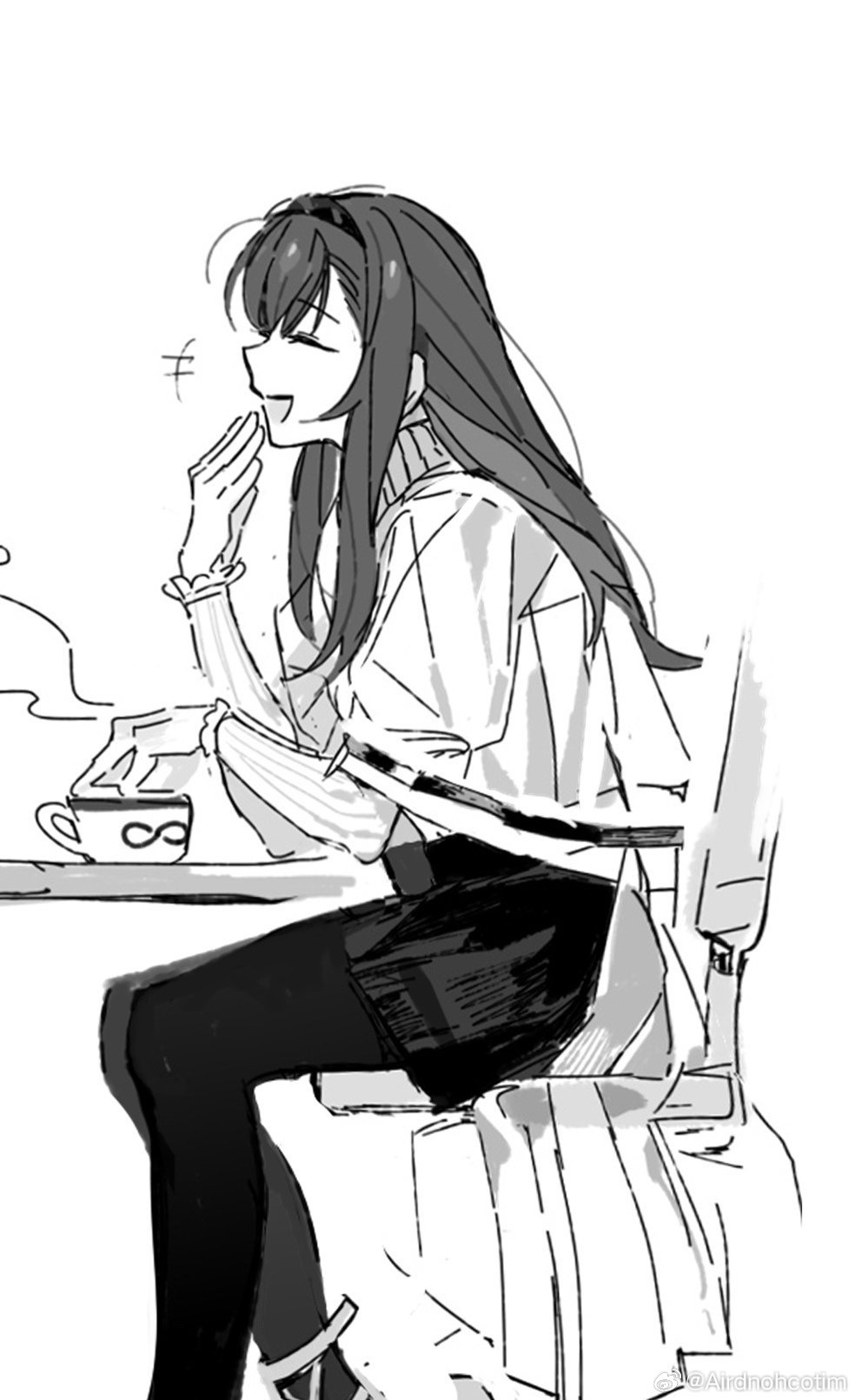 +++ 1girl :d ^_^ arknights chinese_commentary closed_eyes commentary_request covering_own_mouth cup drink feet_out_of_frame greyscale hairband hand_over_own_mouth highres infinity_symbol laughing long_hair long_sleeves monochrome open_mouth pantyhose priestess_(arknights) profile sitting smile solo steam teacup xianlitimitochondria