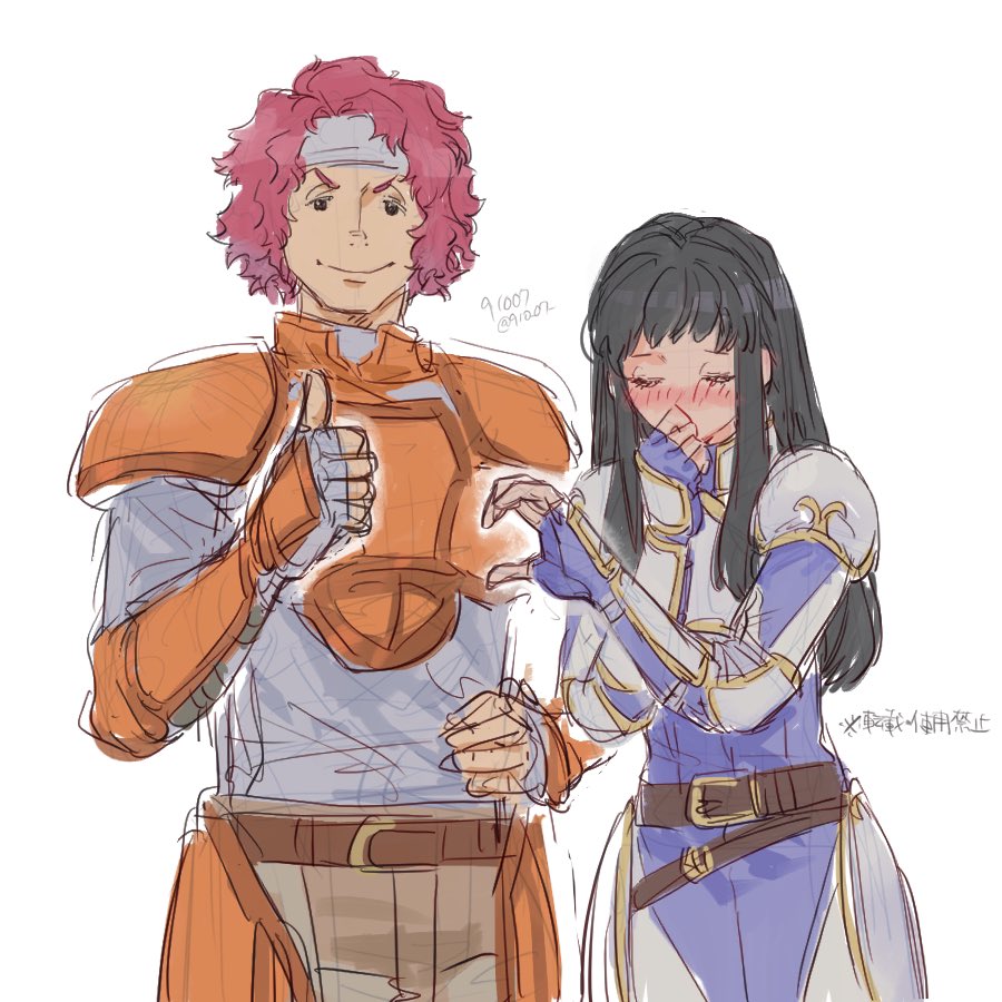 &gt;:) 1boy 1girl 91007 arm_guards armor armored_dress artist_name astrid_(fire_emblem) belt belt_buckle black_eyes black_hair blue_gloves blush breastplate brown_belt buckle closed_eyes closed_mouth covering_own_mouth dress faulds fingerless_gloves fire_emblem fire_emblem:_path_of_radiance fire_emblem:_radiant_dawn gloves grey_gloves grey_headband hand_up headband heart heart_hands heart_hands_failure looking_at_viewer makalov_(fire_emblem) nintendo nose_blush orange_armor pink_hair shoulder_armor simple_background smile thumbs_up twitter_username v-shaped_eyebrows white_background