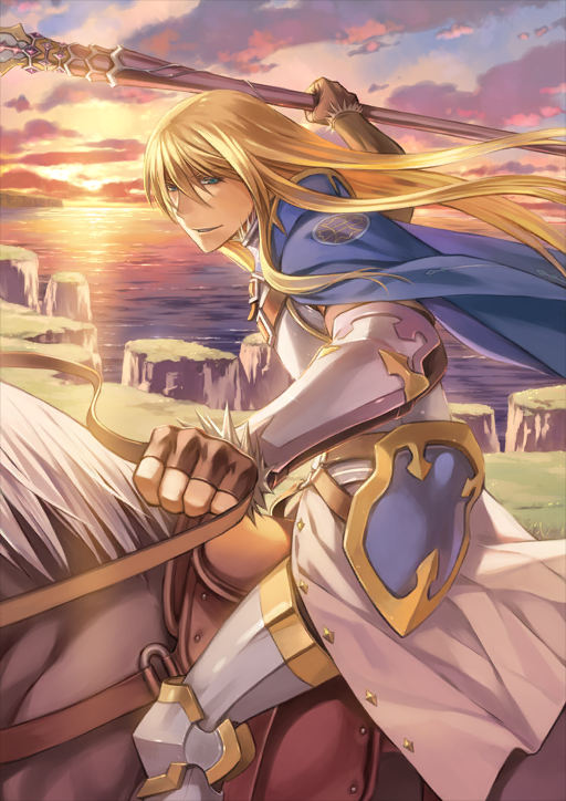1boy arm_armor armor armored_boots armored_gloves belt belt_buckle bishounen blonde_hair blue_cape boots bracer breastplate brown_belt brown_gloves buckle cape chest_belt cloud elbow_gloves fate/grand_order fate_(series) feet_out_of_frame fingerless_gloves fionn_mac_cumhaill_(fate/grand_order) from_side front_slit gloves hair_between_eyes holding holding_polearm holding_reins holding_weapon horizon horse horseback_riding long_hair looking_at_viewer mac_an_luin_(fate) male_focus moriyama_daisuke ocean official_art outdoors outstretched_arms parted_lips polearm reins riding saddle side_cape sidelocks skirt solo sunlight sunset thigh_boots third-party_source weapon white_skirt